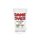 A clear pint glass featuring a retro "Game Over" screen design with pixelated text and an arcade-style continue countdown.