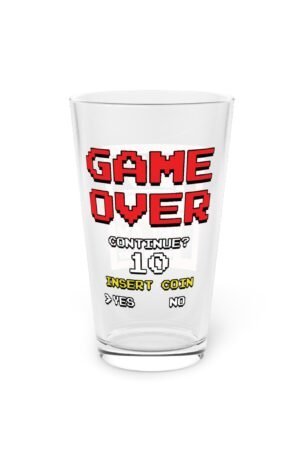 A clear pint glass featuring a retro "Game Over" screen design with pixelated text and an arcade-style continue countdown.