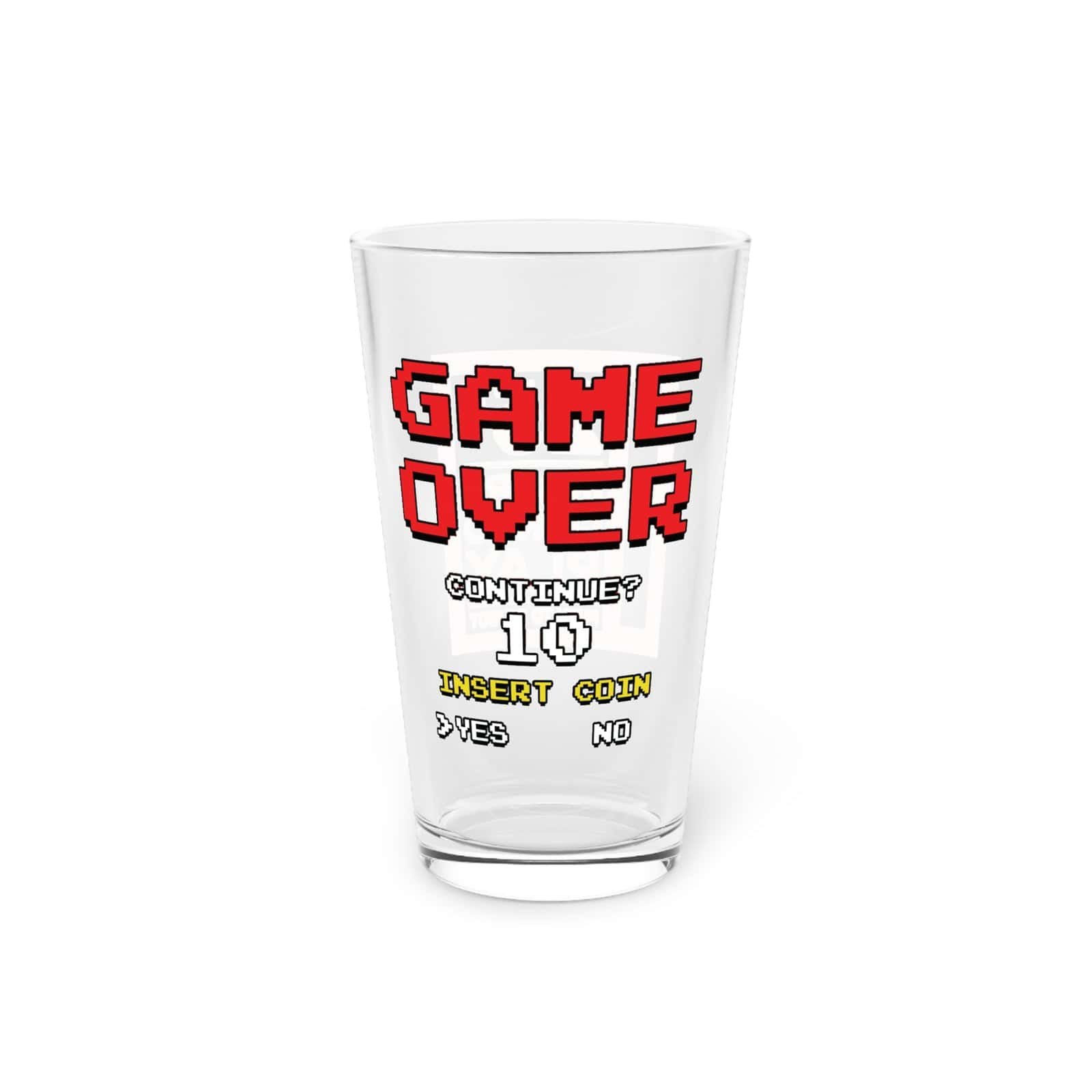 A clear pint glass featuring a retro "Game Over" screen design with pixelated text and an arcade-style continue countdown.