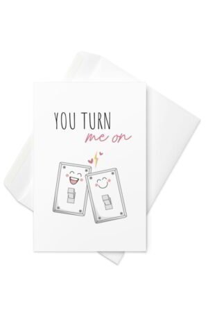 A cute and punny Valentine's Day card featuring two happy light switches with blushing faces and the phrase "You Turn Me On" in a playful font.
