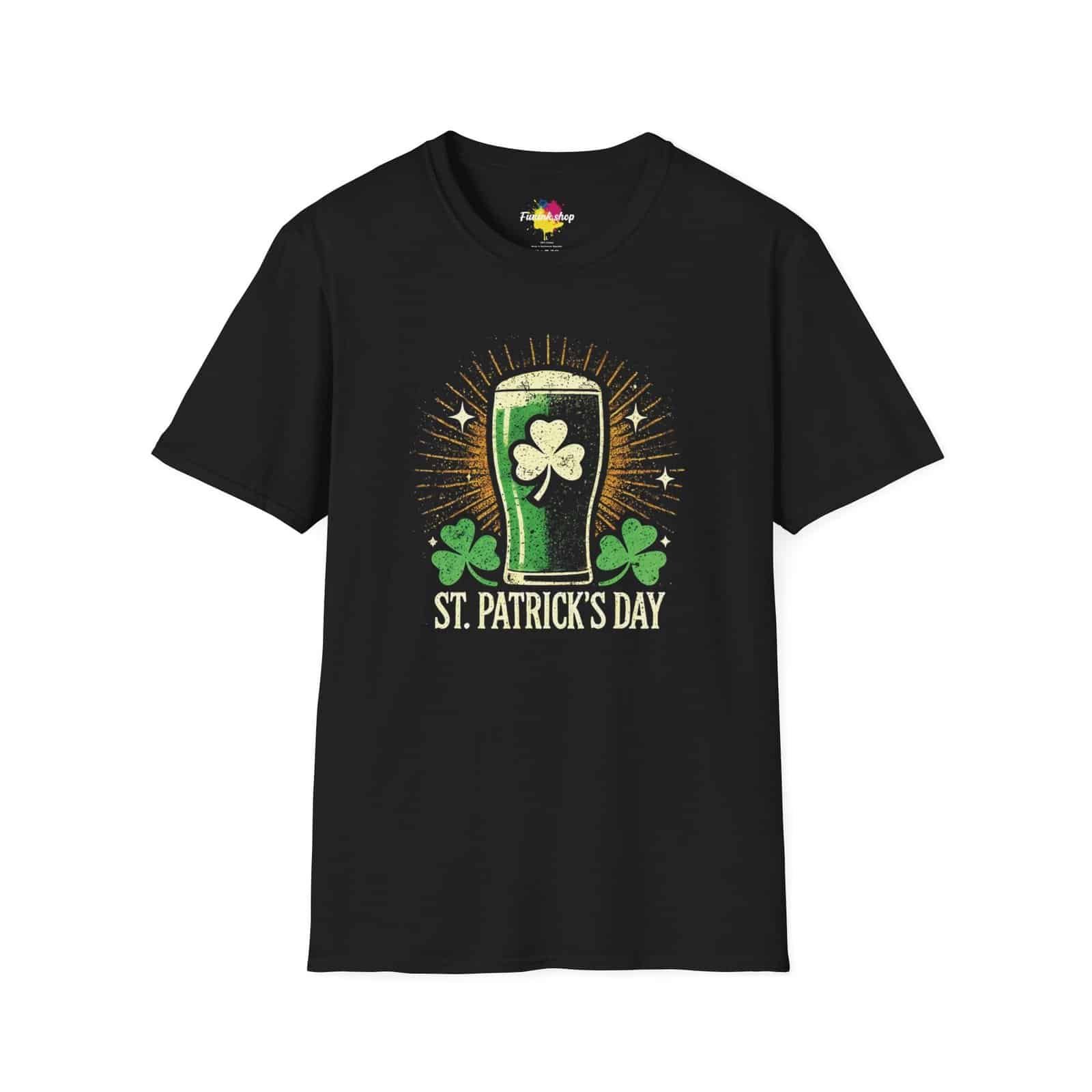 A black t-shirt with a St. Patrick’s Day design featuring a pint of green beer, shamrocks, and festive typography.