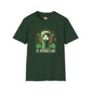 A green t-shirt featuring a vintage-style design with a pint of green beer decorated with a shamrock, surrounded by glowing rays and clovers, with "St. Patrick's Day" written below.