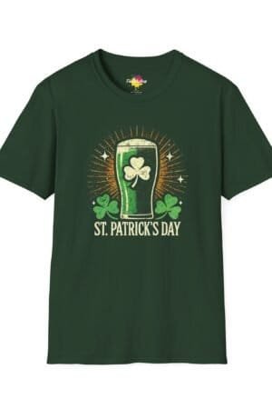 A green t-shirt featuring a vintage-style design with a pint of green beer decorated with a shamrock, surrounded by glowing rays and clovers, with "St. Patrick's Day" written below.