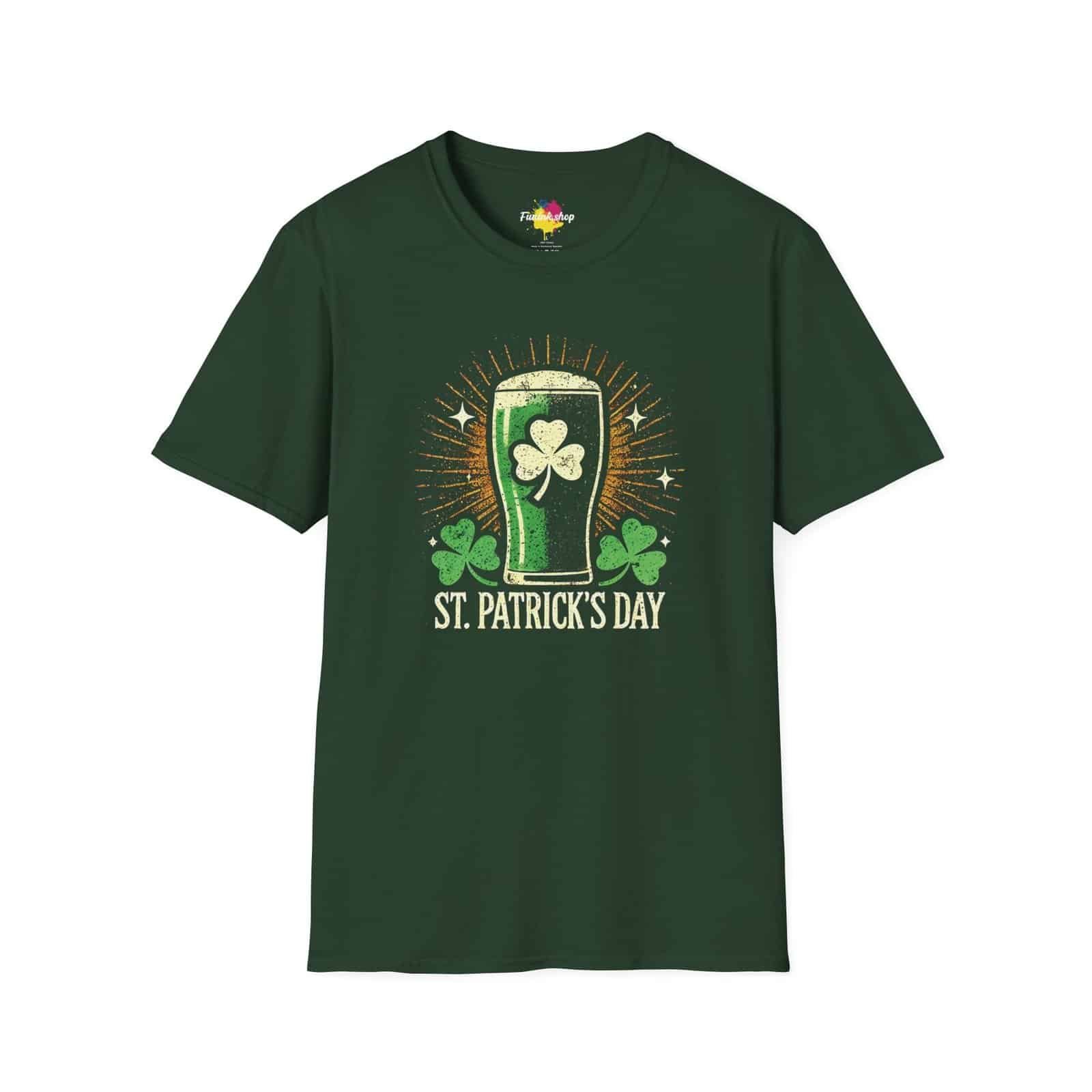 A green t-shirt featuring a vintage-style design with a pint of green beer decorated with a shamrock, surrounded by glowing rays and clovers, with "St. Patrick's Day" written below.